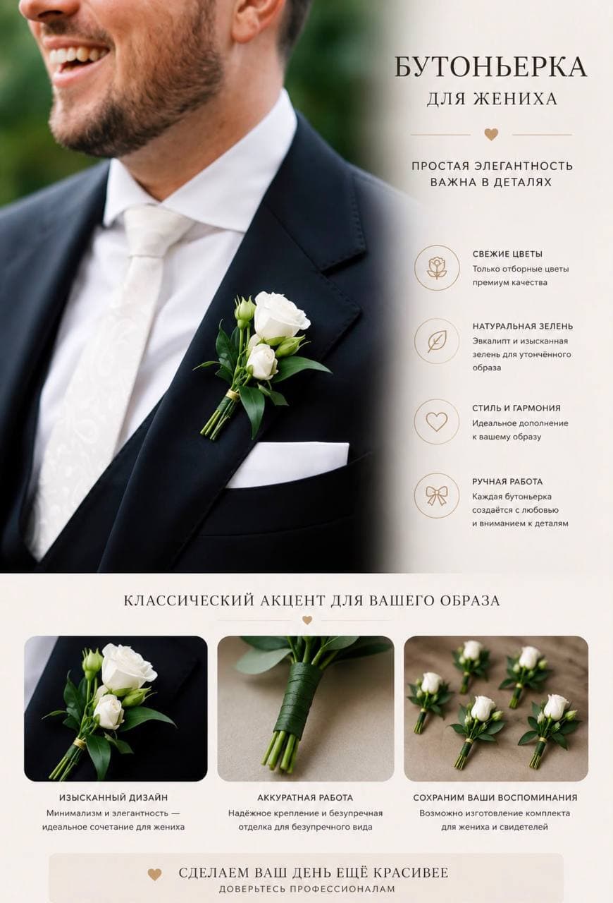 Minimalistische Witte Roos Boutonnière